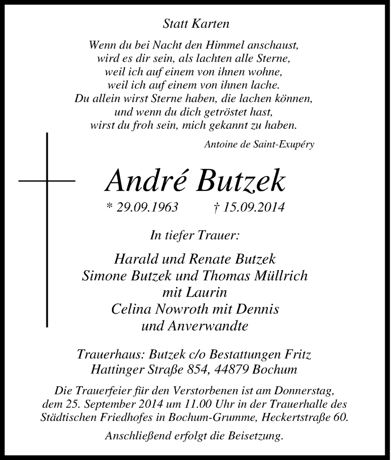  Traueranzeige für André  Butzek vom 20.09.2014 aus Tageszeitung