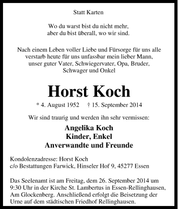 Traueranzeige von Horst  Koch von Tageszeitung