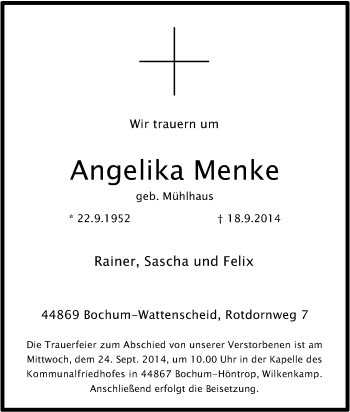 Traueranzeige von Angelika Menke von Tageszeitung