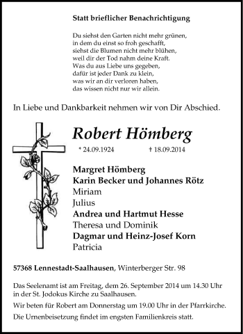 Traueranzeige von Robert  Hömberg von Tageszeitung
