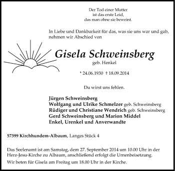 Traueranzeige von Gisela  Schweinsberg von Tageszeitung