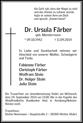 Traueranzeige von Ursula Färber von Tageszeitung