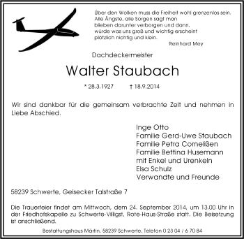 Traueranzeige von Walter Staubach von Tageszeitung