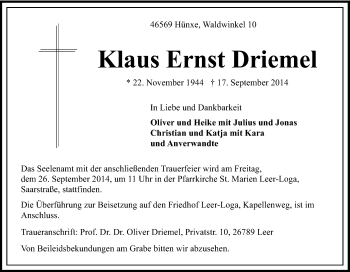 Traueranzeige von Klaus Ernst Driemel von Tageszeitung