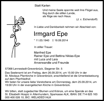 Traueranzeige von Irmgard  Epe von Tageszeitung