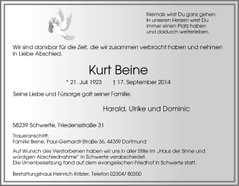 Traueranzeige von Kurt Beine von Tageszeitung