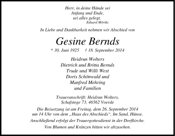 Traueranzeige von Gesine Bernds von Tageszeitung