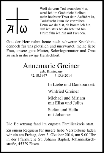 Traueranzeige von Annemarie Greiner von Tageszeitung