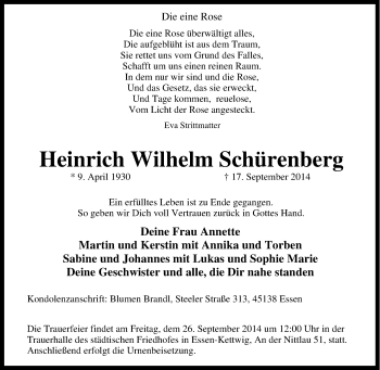 Traueranzeige von Heinrich Wilhelm  Schürenberg von Tageszeitung