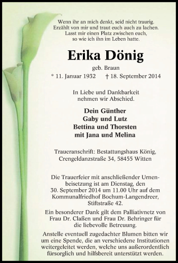 Traueranzeige von Erika Dönig von Tageszeitung