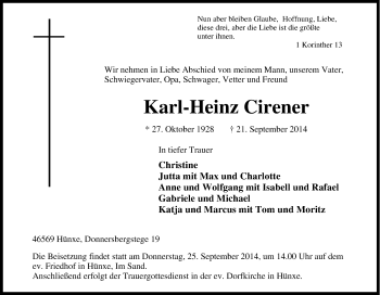 Traueranzeige von Karl-Heinz Cirener von Tageszeitung
