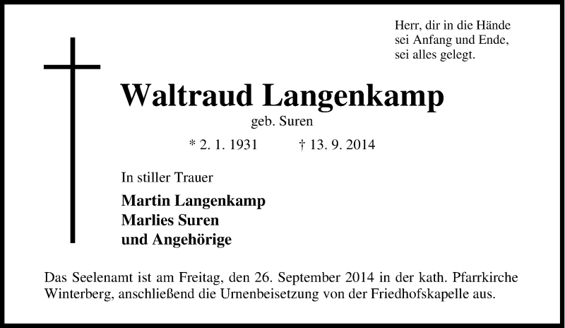  Traueranzeige für Waltraud Langenkamp vom 23.09.2014 aus Tageszeitung