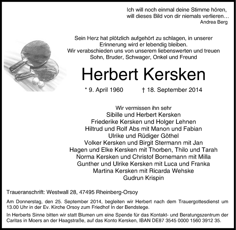  Traueranzeige für Herbert Kersken vom 22.09.2014 aus Tageszeitung