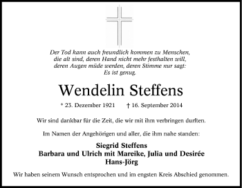 Traueranzeige von Wendelin Steffens von Tageszeitung