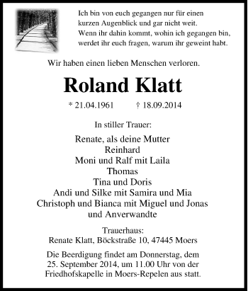 Traueranzeige von Roland Klatt von Tageszeitung