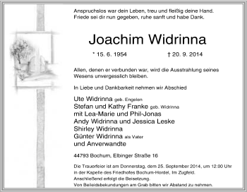Traueranzeige von Joachim Widrinna von Tageszeitung