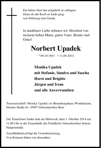 Traueranzeige von Norbert Upadek von Tageszeitung