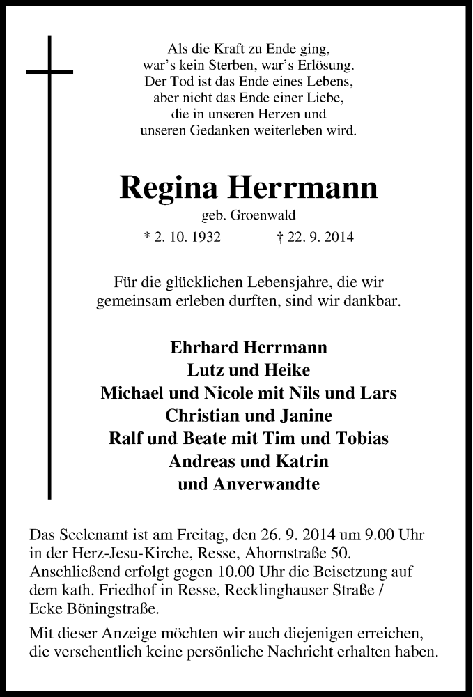  Traueranzeige für Regina Herrmann vom 24.09.2014 aus Tageszeitung