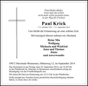 Traueranzeige von Paul Krick von Tageszeitung