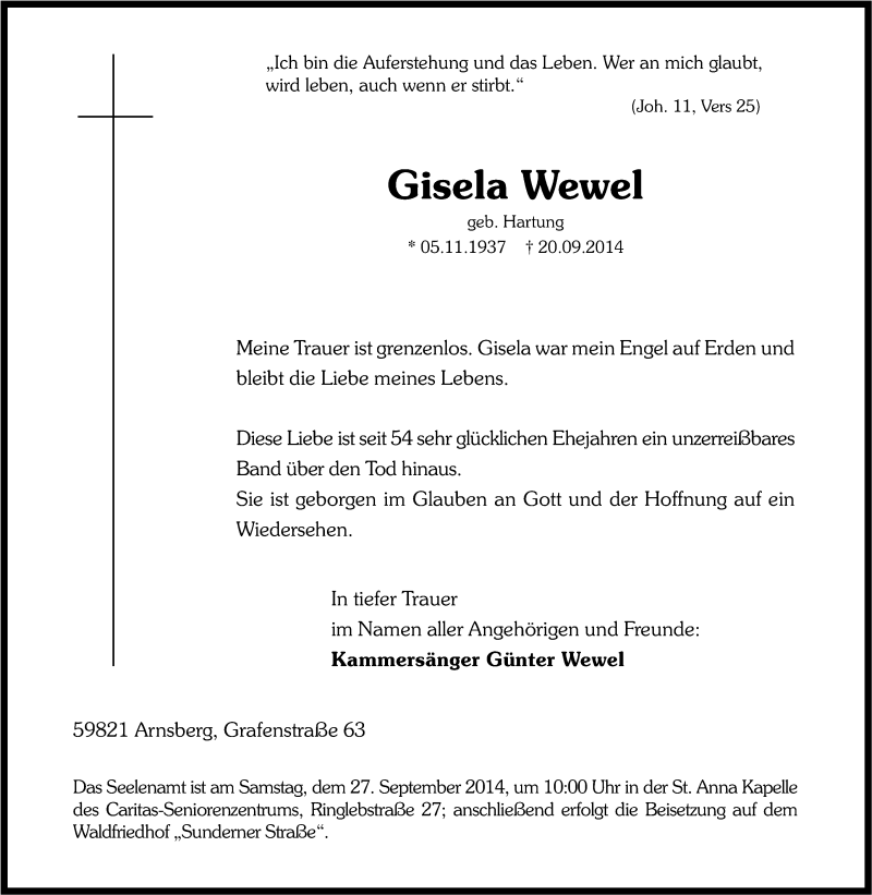  Traueranzeige für Gisela Wewel vom 23.09.2014 aus Tageszeitung