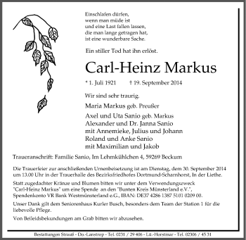 Traueranzeige von Carl-Heinz Markus von Tageszeitung