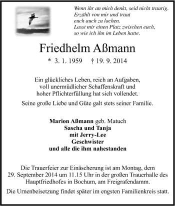 Traueranzeige von Friedhelm Aßmann von Tageszeitung