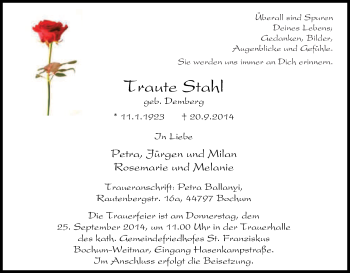 Traueranzeige von Traute Stahl von Tageszeitung