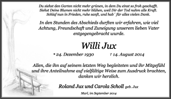 Traueranzeige von Willi Jux von Tageszeitung