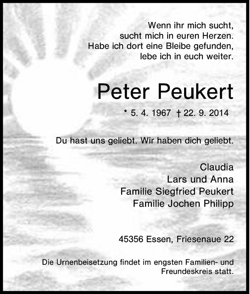  Traueranzeige für Peter Peukert vom 27.09.2014 aus Tageszeitung