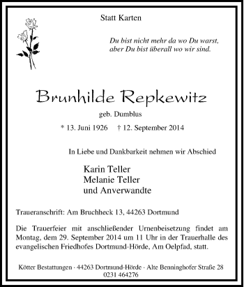 Traueranzeige von Brunhilde Repkewitz von Tageszeitung