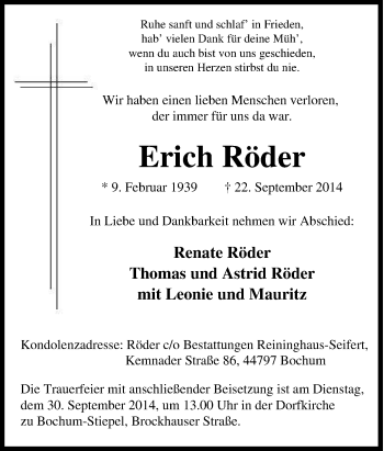Traueranzeige von Erich Röder von Tageszeitung