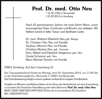 Traueranzeige von Otto Neu von Tageszeitung