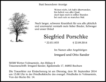 Traueranzeige von Siegfried Porschke von Tageszeitung