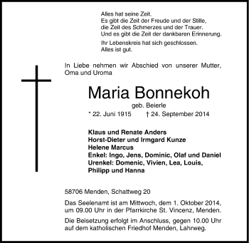Traueranzeige von Maria Bonnekoh von Tageszeitung