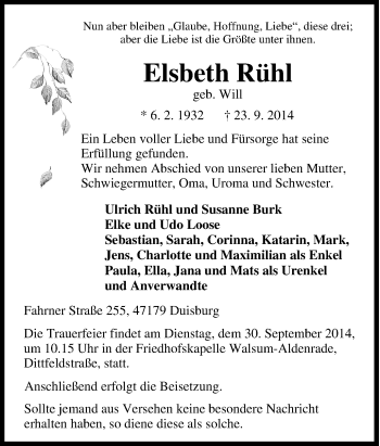 Traueranzeige von Elsbeth Rühl von Tageszeitung
