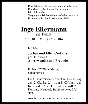 Traueranzeige von Inge Ellermann von Tageszeitung