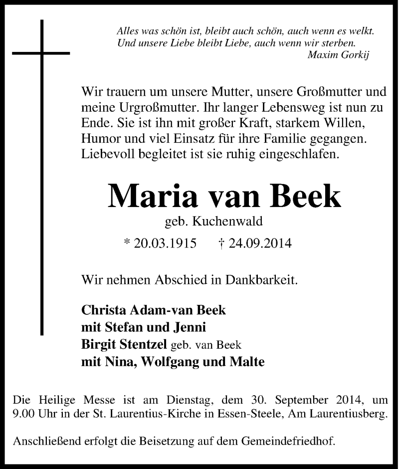 Traueranzeige für Maria van Beek vom 27.09.2014 aus Tageszeitung