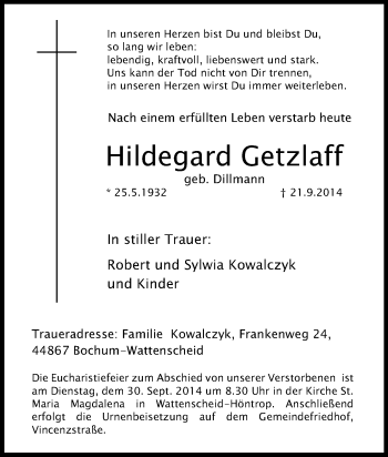 Traueranzeige von Hildegard Getzlaff von Tageszeitung