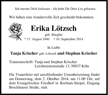 Traueranzeige von Erika Lötzsch von Tageszeitung