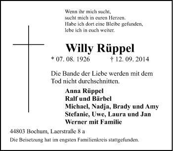 Traueranzeige von Willy Rüppel von Tageszeitung