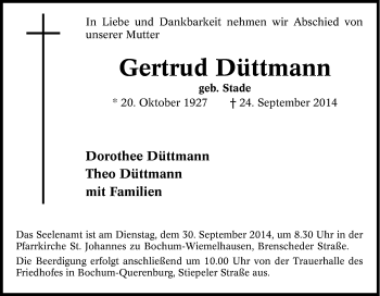 Traueranzeige von Gertrud Düttmann von Tageszeitung