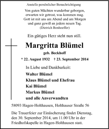Traueranzeige von Margritta Blümel von Tageszeitung