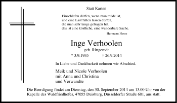 Traueranzeige von Inge Verhoolen von Tageszeitung