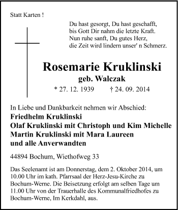 Traueranzeige von Rosemarie Kruklinski von Tageszeitung