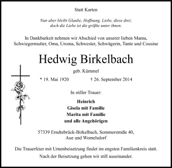 Traueranzeige von Hedwig Birkelbach von Tageszeitung