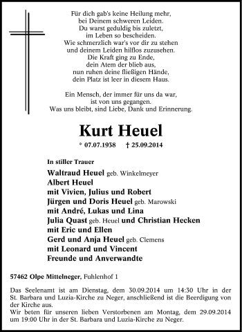 Traueranzeige von Kurt Heuel von Tageszeitung