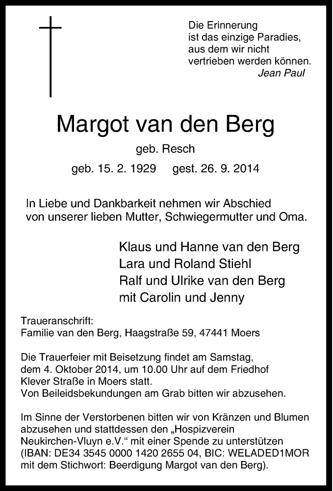  Traueranzeige für Margot van den Berg vom 30.09.2014 aus Tageszeitung
