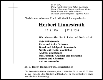Traueranzeige von Herbert Linnestruth von Tageszeitung