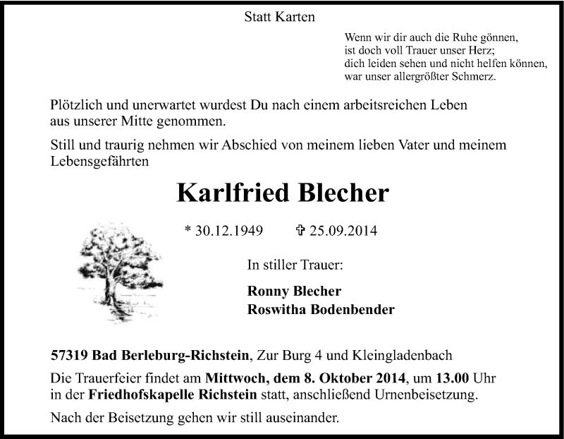  Traueranzeige für Karlfried Blecher vom 29.09.2014 aus Tageszeitung
