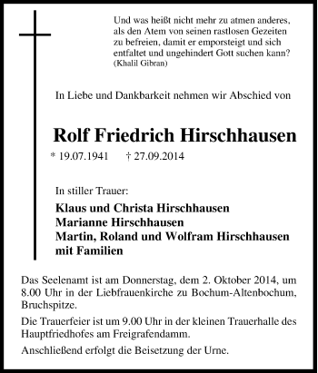 Traueranzeige von Rolf Friedrich Hirschhausen von Tageszeitung